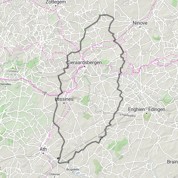 Miniatuurkaart van de fietsinspiratie "Fietsen door Isières en Galmaarden" in Prov. Hainaut, Belgium. Gemaakt door de Tarmacs.app fietsrouteplanner