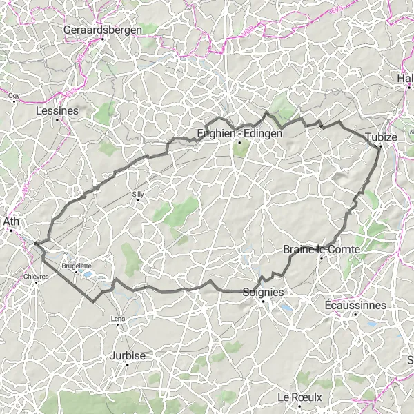 Map miniature of "Challenging Road Cycling: Ghislenghien to Maffle" cycling inspiration in Prov. Hainaut, Belgium. Generated by Tarmacs.app cycling route planner