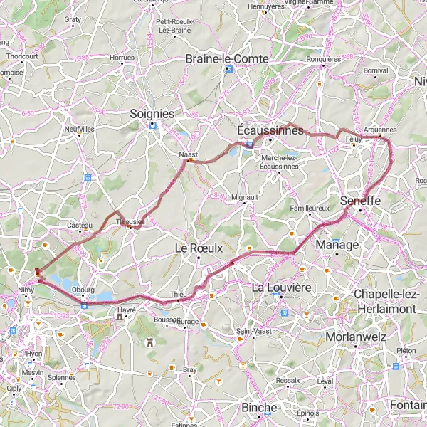 Karten-Miniaturansicht der Radinspiration "Entspannte Graveltour durch Écaussinnes und Seneffe" in Prov. Hainaut, Belgium. Erstellt vom Tarmacs.app-Routenplaner für Radtouren