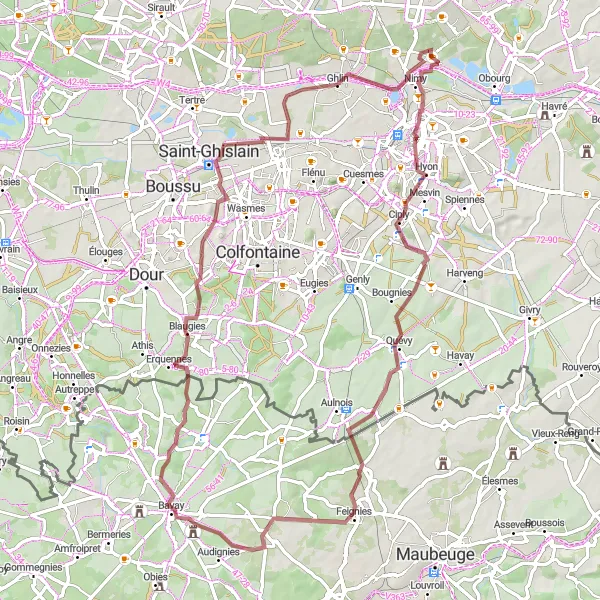 Miniatuurkaart van de fietsinspiratie "Gravelroute rond Ciply en Hornu" in Prov. Hainaut, Belgium. Gemaakt door de Tarmacs.app fietsrouteplanner