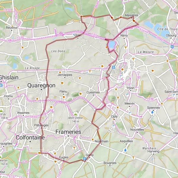 Map miniature of "Short gravel loop through hidden gems" cycling inspiration in Prov. Hainaut, Belgium. Generated by Tarmacs.app cycling route planner