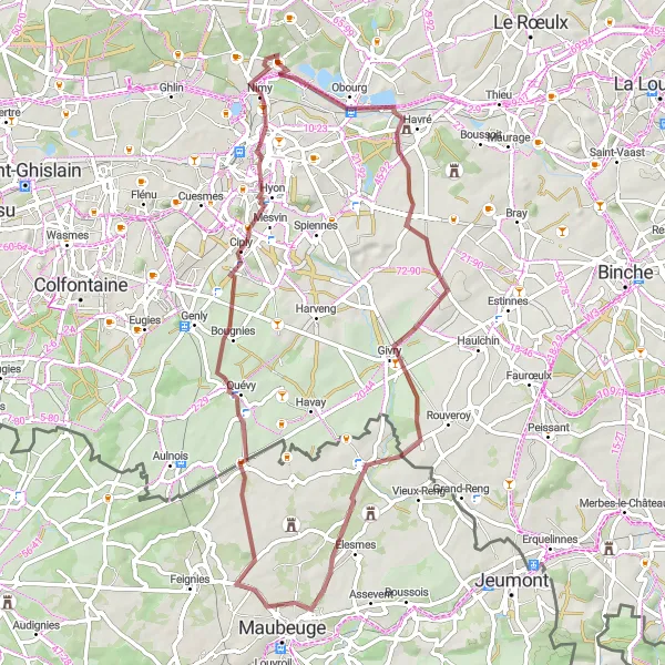 Karten-Miniaturansicht der Radinspiration "Rundweg ab Maisières über Villers-Saint-Ghislain und Ciply" in Prov. Hainaut, Belgium. Erstellt vom Tarmacs.app-Routenplaner für Radtouren