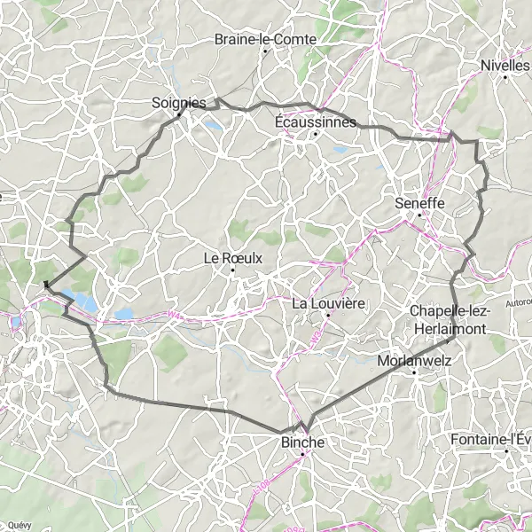 Map miniature of "The Soignies to La Masure Round-Trip" cycling inspiration in Prov. Hainaut, Belgium. Generated by Tarmacs.app cycling route planner