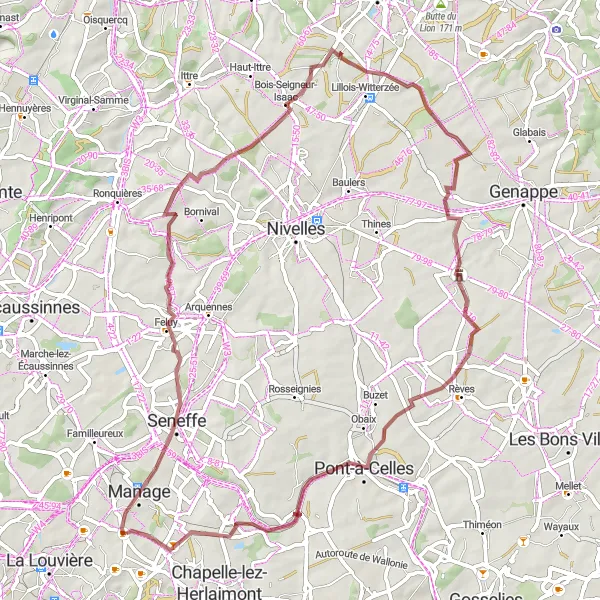 Map miniature of "Manage Gravel Circuit" cycling inspiration in Prov. Hainaut, Belgium. Generated by Tarmacs.app cycling route planner