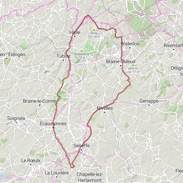 Map miniature of "Gravel Adventure in Hainaut Province" cycling inspiration in Prov. Hainaut, Belgium. Generated by Tarmacs.app cycling route planner