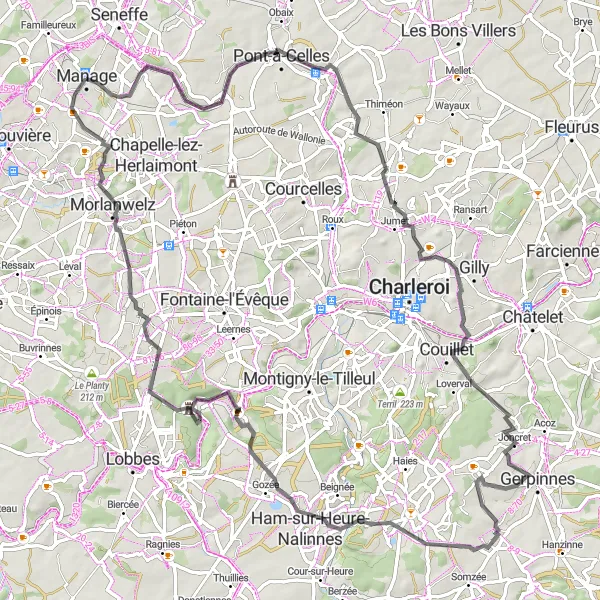 Miniature de la carte de l'inspiration cycliste "Circuit de la Sambre valonia" dans la Prov. Hainaut, Belgium. Générée par le planificateur d'itinéraire cycliste Tarmacs.app