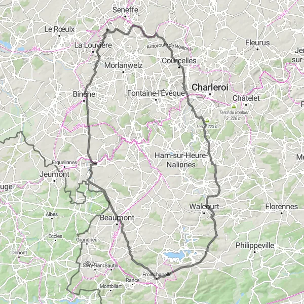 Miniature de la carte de l'inspiration cycliste "Circuit des Terrils du Borinage" dans la Prov. Hainaut, Belgium. Générée par le planificateur d'itinéraire cycliste Tarmacs.app