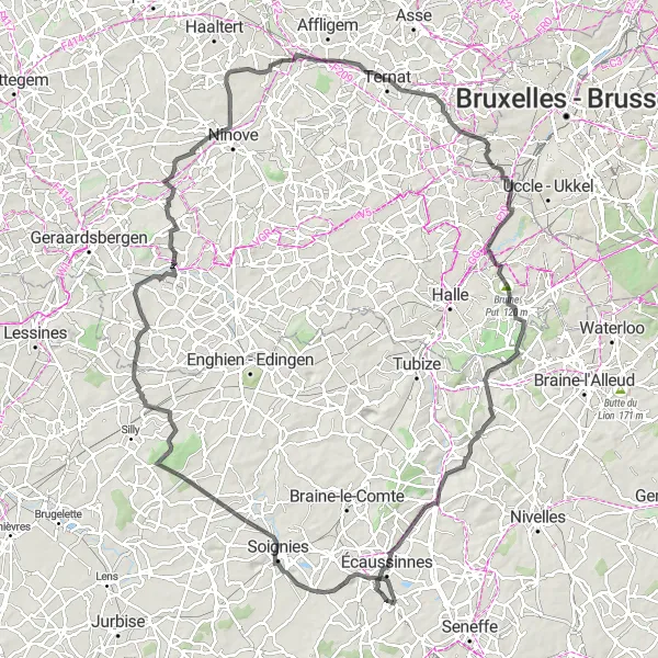 Miniatuurkaart van de fietsinspiratie "124 km rondrit door Henegouwen en Vlaams-Brabant" in Prov. Hainaut, Belgium. Gemaakt door de Tarmacs.app fietsrouteplanner