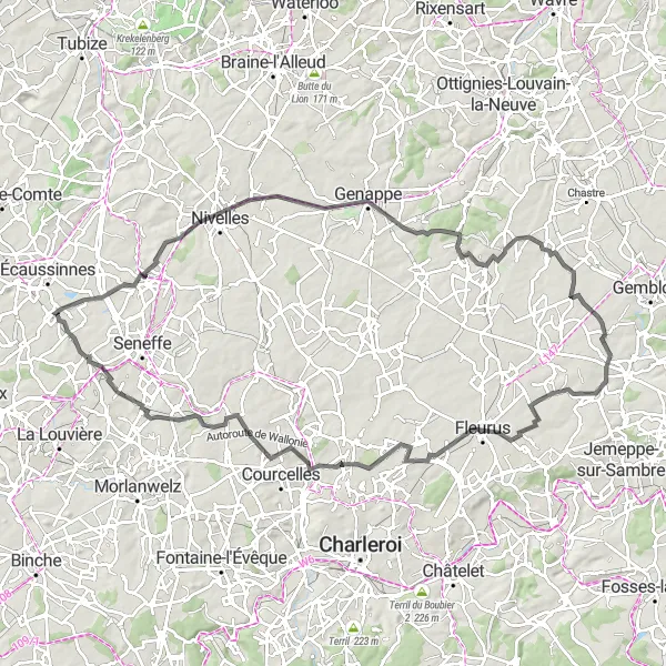 Map miniature of "Marche to Feluy Loop" cycling inspiration in Prov. Hainaut, Belgium. Generated by Tarmacs.app cycling route planner