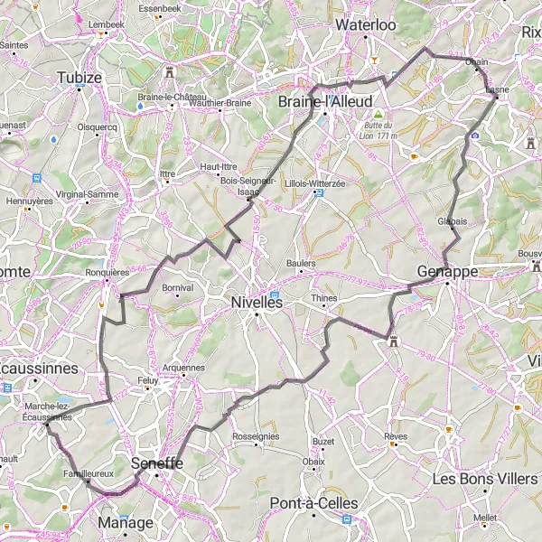 Miniatuurkaart van de fietsinspiratie "Avontuurlijke fietstocht nabij Marche-lez-Écaussinnes" in Prov. Hainaut, Belgium. Gemaakt door de Tarmacs.app fietsrouteplanner