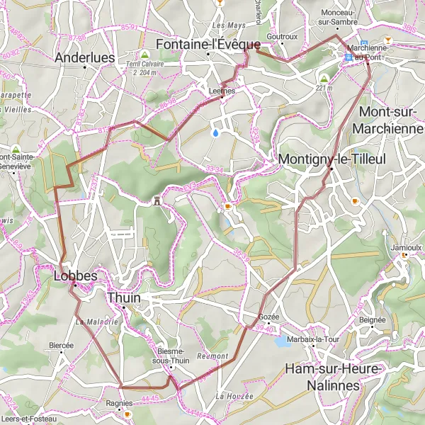 Miniature de la carte de l'inspiration cycliste "Le Chemin des Villages de Montigny-le-Tilleul" dans la Prov. Hainaut, Belgium. Générée par le planificateur d'itinéraire cycliste Tarmacs.app