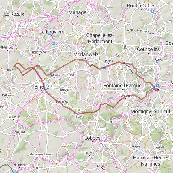 Map miniature of "Historical Gravel Exploration" cycling inspiration in Prov. Hainaut, Belgium. Generated by Tarmacs.app cycling route planner