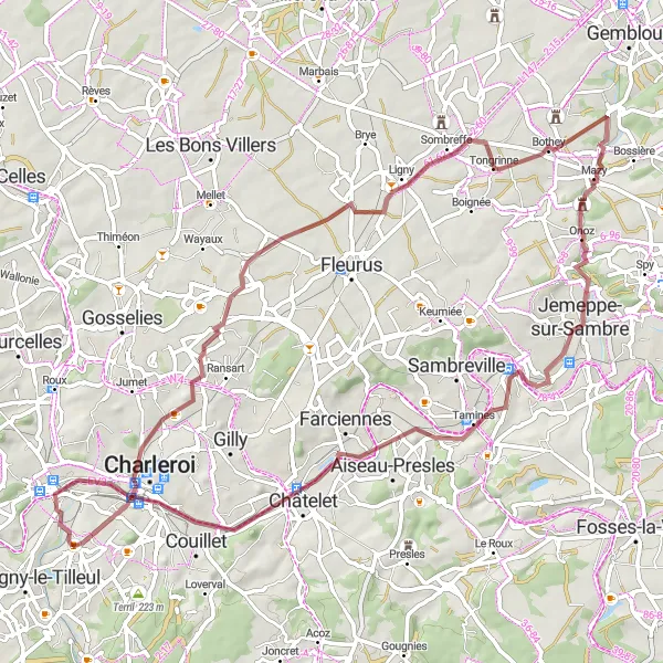 Miniature de la carte de l'inspiration cycliste "Le Tour des Châteaux de Heppignies et Auvelais" dans la Prov. Hainaut, Belgium. Générée par le planificateur d'itinéraire cycliste Tarmacs.app