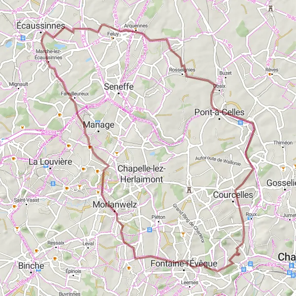 Miniatuurkaart van de fietsinspiratie "Gravelroute rond Marchienne-au-Pont" in Prov. Hainaut, Belgium. Gemaakt door de Tarmacs.app fietsrouteplanner