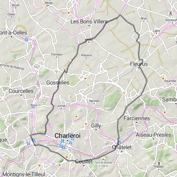 Map miniature of "Marchienne-au-Pont to Fleurus Round-trip Road Cycling Route" cycling inspiration in Prov. Hainaut, Belgium. Generated by Tarmacs.app cycling route planner
