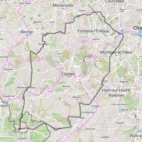 Map miniature of "Marchienne-au-Pont to Château de Monceau Round-trip Road Cycling Route" cycling inspiration in Prov. Hainaut, Belgium. Generated by Tarmacs.app cycling route planner