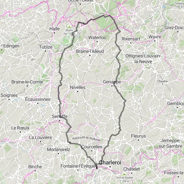 Map miniature of "Marchienne-au-Pont to Lasne Round-trip Road Cycling Route" cycling inspiration in Prov. Hainaut, Belgium. Generated by Tarmacs.app cycling route planner