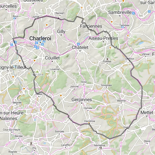 Miniatuurkaart van de fietsinspiratie "Rondrit van Marchienne-au-Pont naar Mont-sur-Marchienne" in Prov. Hainaut, Belgium. Gemaakt door de Tarmacs.app fietsrouteplanner