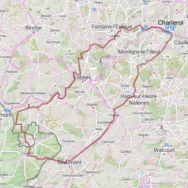 Miniature de la carte de l'inspiration cycliste "Les trésors de Thuillies" dans la Prov. Hainaut, Belgium. Générée par le planificateur d'itinéraire cycliste Tarmacs.app