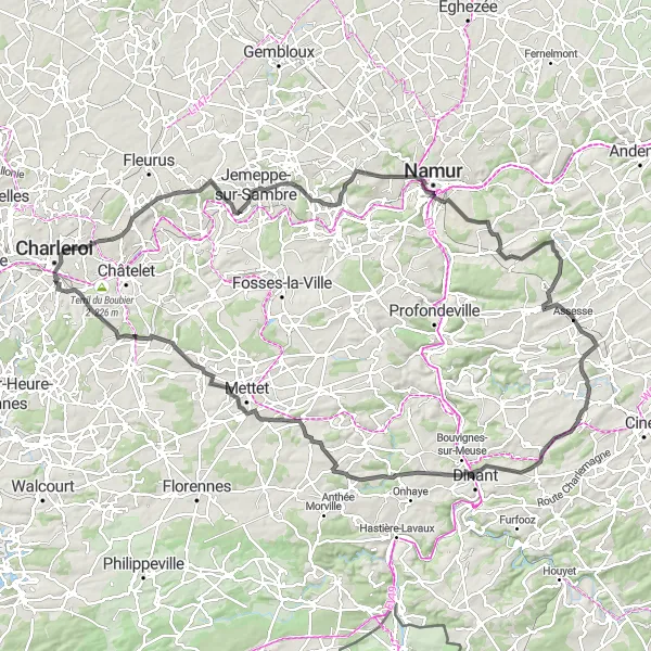 Map miniature of "The Challenging Best of Hainaut" cycling inspiration in Prov. Hainaut, Belgium. Generated by Tarmacs.app cycling route planner