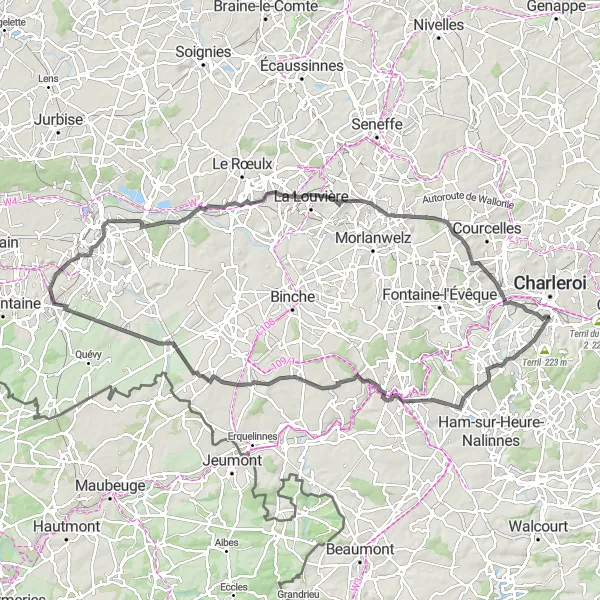 Karten-Miniaturansicht der Radinspiration "Rundfahrradtour von Marcinelle nach Houdeng-Aimeries" in Prov. Hainaut, Belgium. Erstellt vom Tarmacs.app-Routenplaner für Radtouren