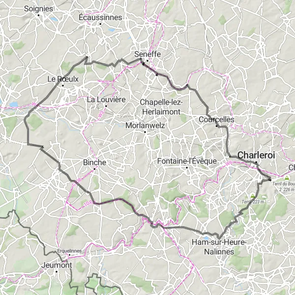 Miniature de la carte de l'inspiration cycliste "Le charme de Jamioulx" dans la Prov. Hainaut, Belgium. Générée par le planificateur d'itinéraire cycliste Tarmacs.app