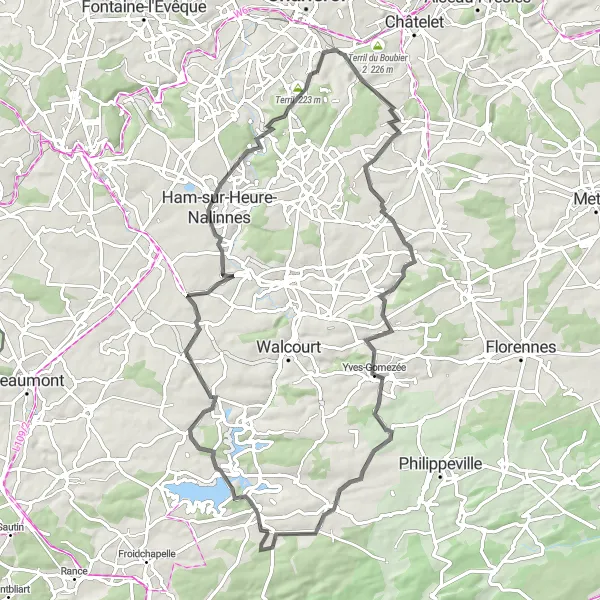 Miniature de la carte de l'inspiration cycliste "Parcours en vélo de route au départ de Marcinelle" dans la Prov. Hainaut, Belgium. Générée par le planificateur d'itinéraire cycliste Tarmacs.app
