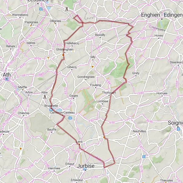 Map miniature of "Mévergnies-lez-Lens - Ghislenghien - Labliau - Abele - Masnuy-Saint-Pierre" cycling inspiration in Prov. Hainaut, Belgium. Generated by Tarmacs.app cycling route planner