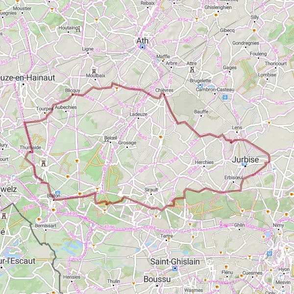 Map miniature of "Masnuy-Saint-Jean - Villerot - Thumaide - Blicquy - Chièvres - Lens" cycling inspiration in Prov. Hainaut, Belgium. Generated by Tarmacs.app cycling route planner