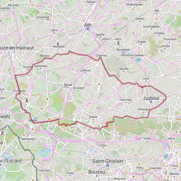 Karten-Miniaturansicht der Radinspiration "Rundfahrt durch Hainaut" in Prov. Hainaut, Belgium. Erstellt vom Tarmacs.app-Routenplaner für Radtouren