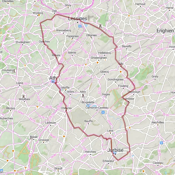 Map miniature of "Chièvres and Lessines Gravel Loop" cycling inspiration in Prov. Hainaut, Belgium. Generated by Tarmacs.app cycling route planner