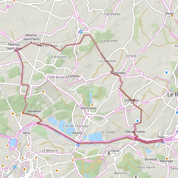 Map miniature of "Thieusies and Maisières Gravel Loop" cycling inspiration in Prov. Hainaut, Belgium. Generated by Tarmacs.app cycling route planner