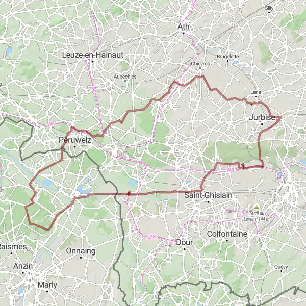 Map miniature of "Baudour and Hergnies Gravel Adventure" cycling inspiration in Prov. Hainaut, Belgium. Generated by Tarmacs.app cycling route planner