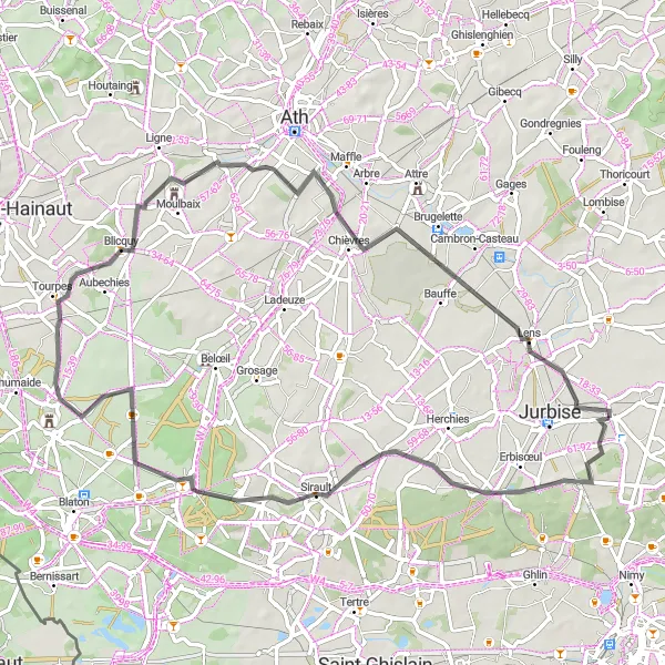 Miniatuurkaart van de fietsinspiratie "Landelijke verkenningstocht vanaf Masnuy-Saint-Jean" in Prov. Hainaut, Belgium. Gemaakt door de Tarmacs.app fietsrouteplanner