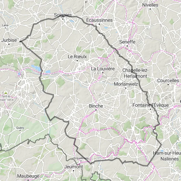 Map miniature of "Neufvilles and Obourg Road Loop" cycling inspiration in Prov. Hainaut, Belgium. Generated by Tarmacs.app cycling route planner