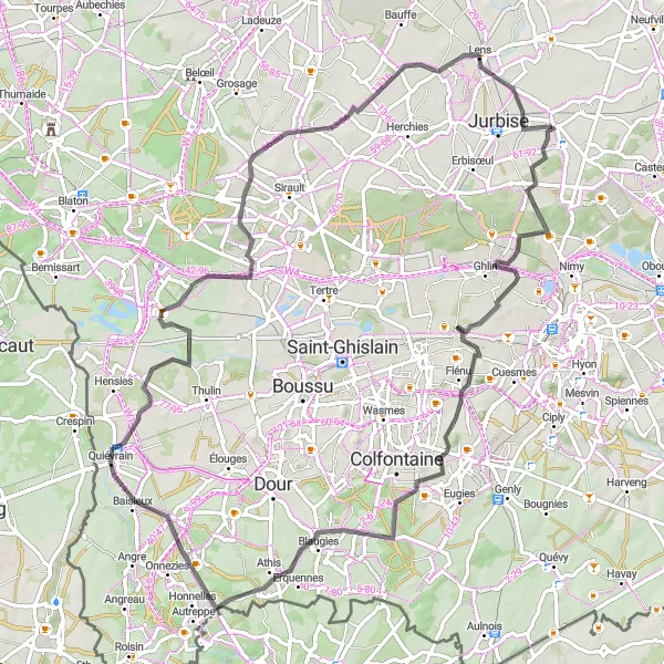 Map miniature of "Jemappes - Terril Saint-Joseph - Audregnies - Montrœul-sur-Haine - Hautrage - Masnuy-Saint-Jean" cycling inspiration in Prov. Hainaut, Belgium. Generated by Tarmacs.app cycling route planner