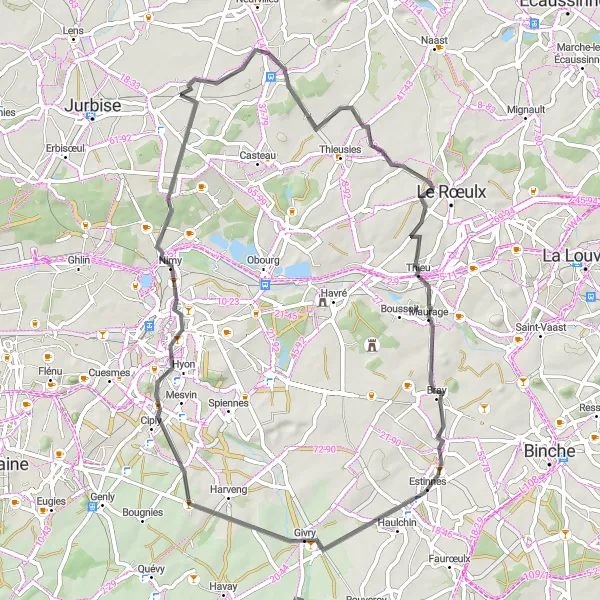 Map miniature of "Thieu - Terril Marie-José - Estinnes - Asquillies - Terril de l'Héribus - Nimy" cycling inspiration in Prov. Hainaut, Belgium. Generated by Tarmacs.app cycling route planner