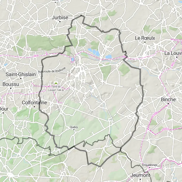 Miniatuurkaart van de fietsinspiratie "Heuvelig avontuur rond Masnuy-Saint-Jean" in Prov. Hainaut, Belgium. Gemaakt door de Tarmacs.app fietsrouteplanner