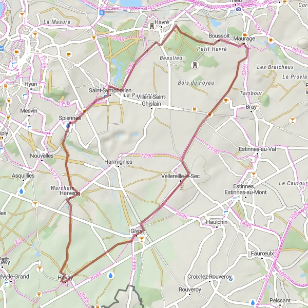 Map miniature of "Maurage to Vellereille-le-Sec Round-Trip" cycling inspiration in Prov. Hainaut, Belgium. Generated by Tarmacs.app cycling route planner