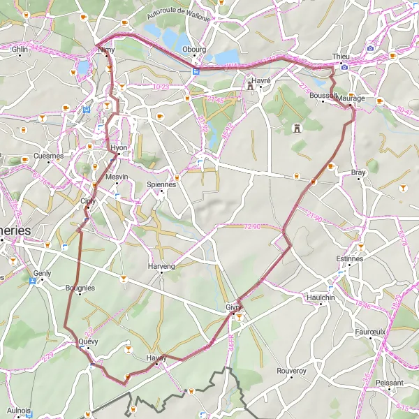 Map miniature of "Vellereille-le-Sec, Ciply, and Nimy Gravel Loop" cycling inspiration in Prov. Hainaut, Belgium. Generated by Tarmacs.app cycling route planner