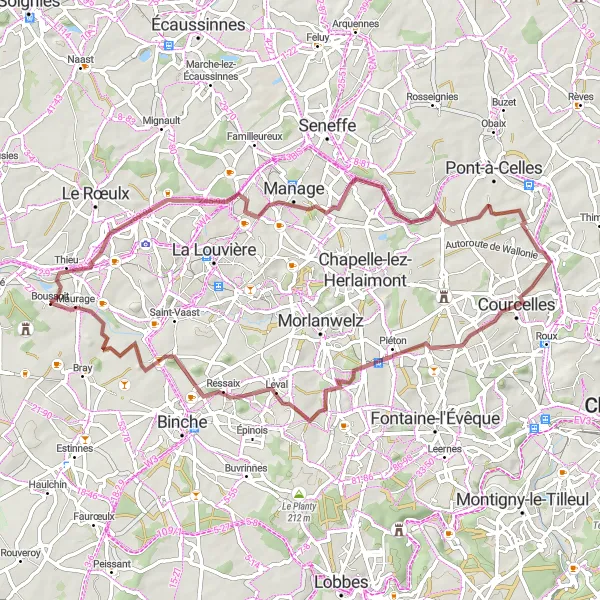 Map miniature of "Gravel Cycling Route from Maurage" cycling inspiration in Prov. Hainaut, Belgium. Generated by Tarmacs.app cycling route planner