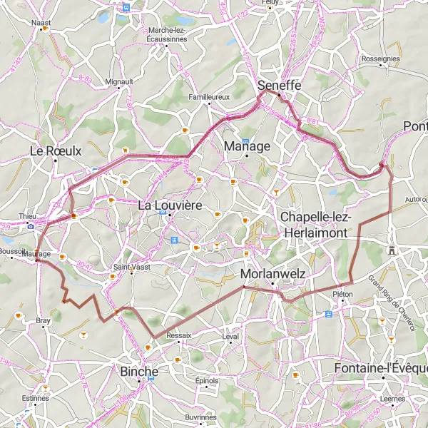 Map miniature of "Maurage to Péronnes-lez-Binche Round-Trip" cycling inspiration in Prov. Hainaut, Belgium. Generated by Tarmacs.app cycling route planner