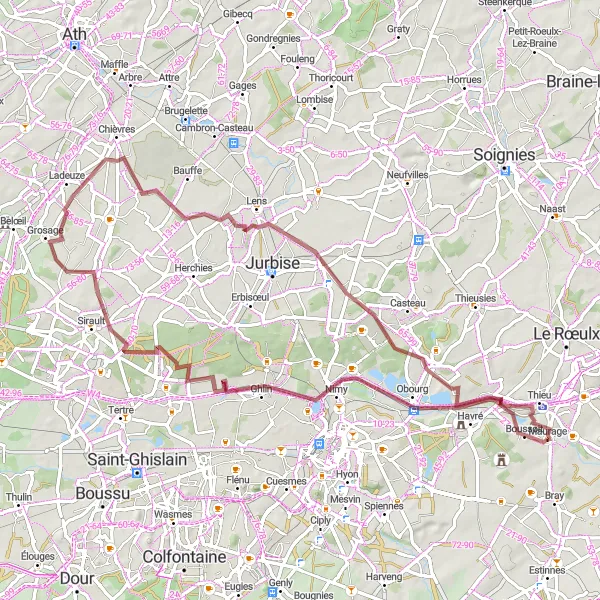 Map miniature of "Boussoit, Havré, and Neufmaison Gravel Loop" cycling inspiration in Prov. Hainaut, Belgium. Generated by Tarmacs.app cycling route planner