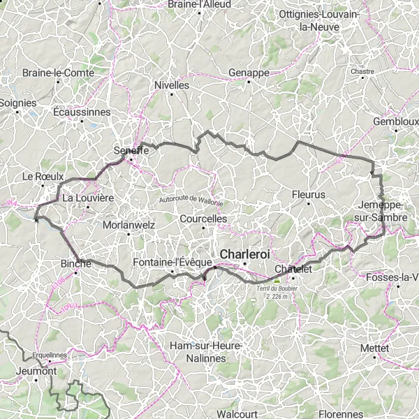 Map miniature of "Maurage to Terril du Quesnoy Round-Trip" cycling inspiration in Prov. Hainaut, Belgium. Generated by Tarmacs.app cycling route planner