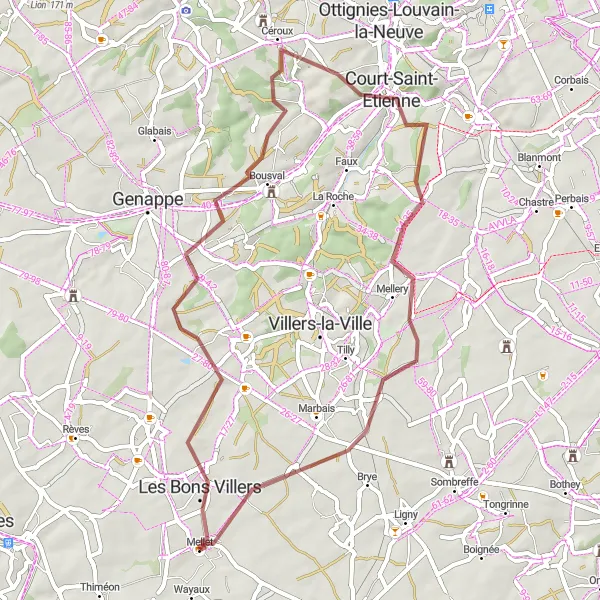Miniature de la carte de l'inspiration cycliste "Boucle de Mellet à Wagnelée" dans la Prov. Hainaut, Belgium. Générée par le planificateur d'itinéraire cycliste Tarmacs.app