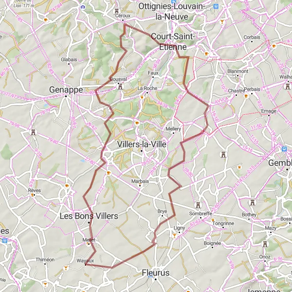 Miniatuurkaart van de fietsinspiratie "Historische Gravelfietstocht van Mellet naar Heppignies" in Prov. Hainaut, Belgium. Gemaakt door de Tarmacs.app fietsrouteplanner