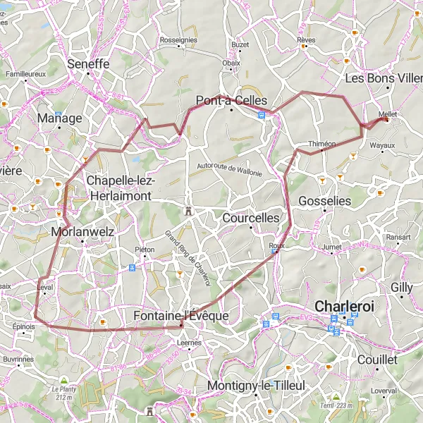 Miniature de la carte de l'inspiration cycliste "Boucle de Roux à Mellet" dans la Prov. Hainaut, Belgium. Générée par le planificateur d'itinéraire cycliste Tarmacs.app