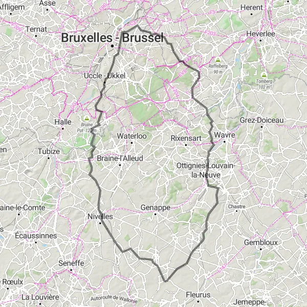 Miniature de la carte de l'inspiration cycliste "Parcours de 115 km de Nivelles à Ottignies-Louvain-la-Neuve" dans la Prov. Hainaut, Belgium. Générée par le planificateur d'itinéraire cycliste Tarmacs.app