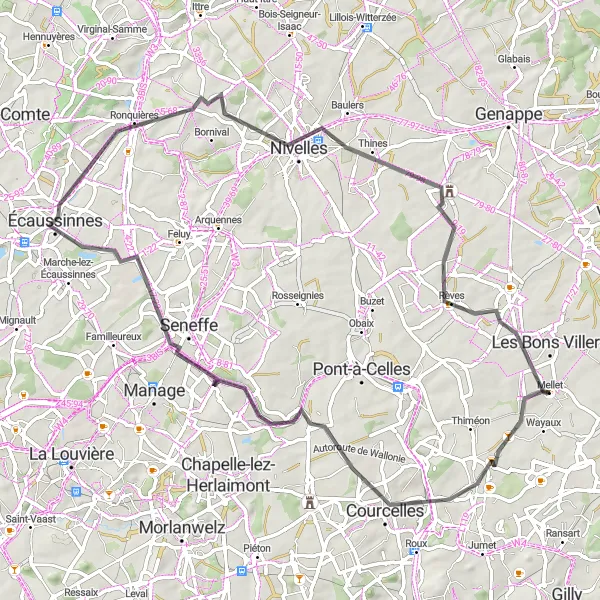 Miniature de la carte de l'inspiration cycliste "Parcours Routier à Nivelles et Ronquières" dans la Prov. Hainaut, Belgium. Générée par le planificateur d'itinéraire cycliste Tarmacs.app