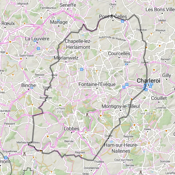 Map miniature of "The Hilly Loop to Merbes-le-Château" cycling inspiration in Prov. Hainaut, Belgium. Generated by Tarmacs.app cycling route planner